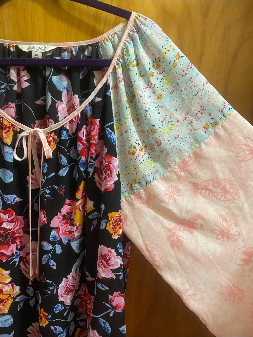The Pioneer Woman Black Floral Peasant Blouse with Pink and Mint Accents - Picture 7 of 8